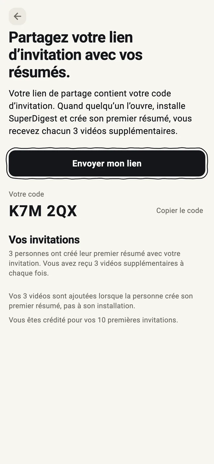 L'écran d'invitation de SuperDigest, avec le code à partager et le compte des invitations.